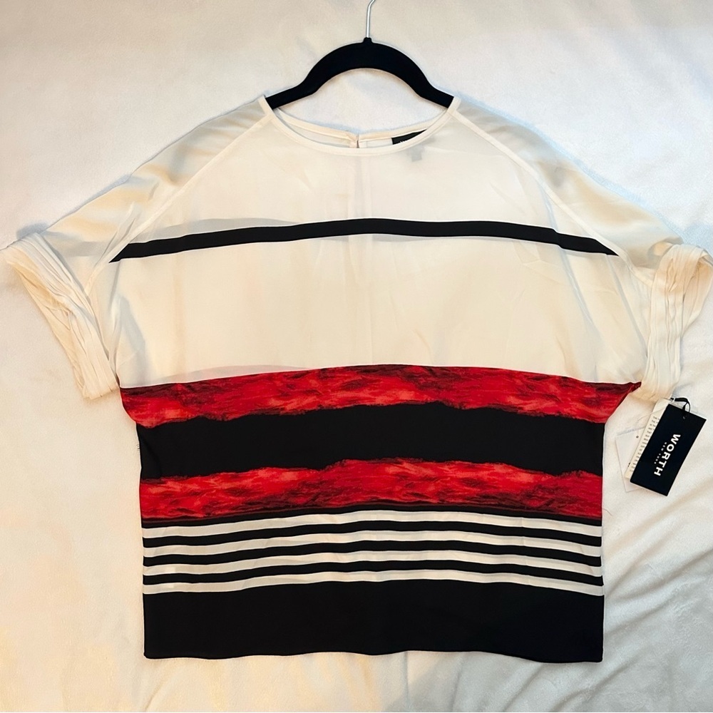 Worth 100% Silk Stripe Firecracker Red Printed Crepe de Chine Blouse S Dolman